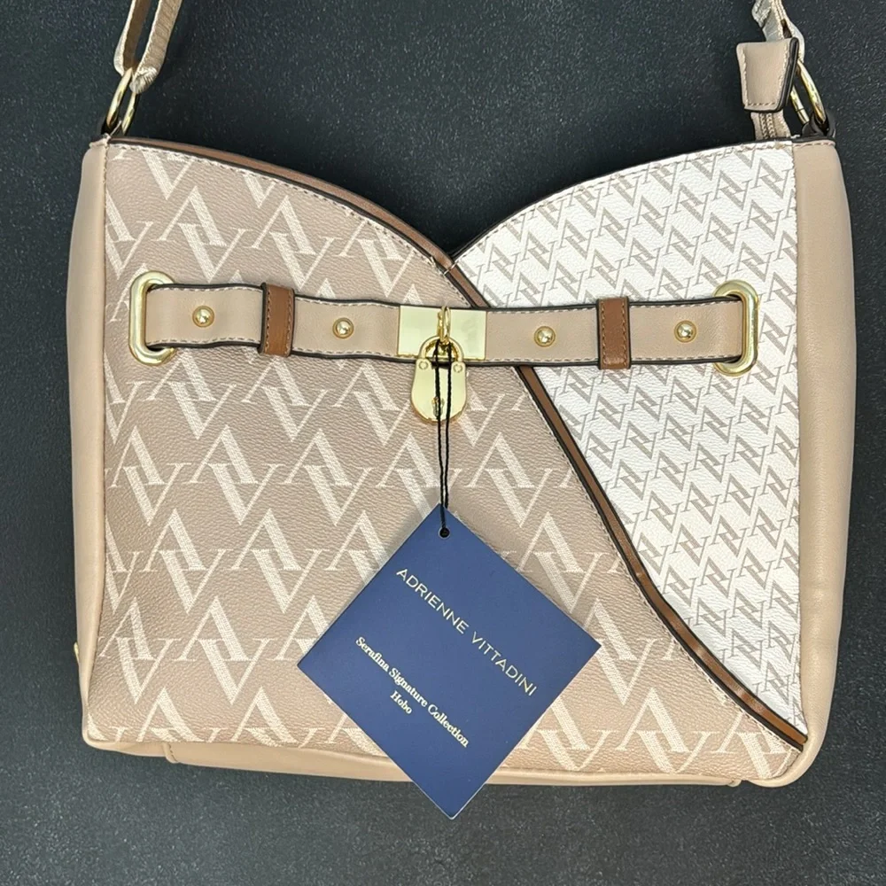NWT Adrienne Vittadini Serafina Signature Collection Hobo Handbag in Taupe/Cream